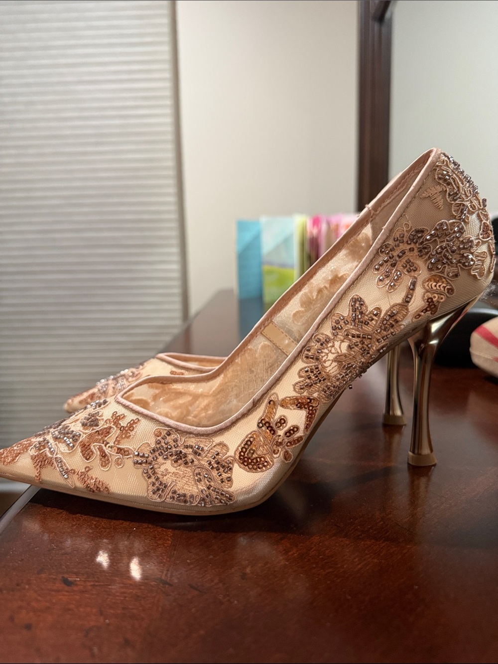 Betsey Johnson Champagne Beaded Embroidered Pointed Pumps